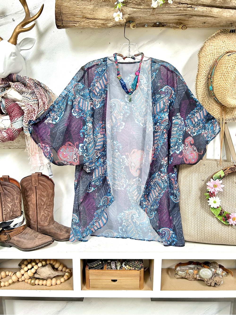 Boho Paisley Open-Front Kimono - Purple/Blue